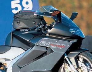 Aprilia's official tank bag strapped on