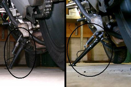 MauriceOz's Aprilia Futura with standard stand (left) and the US part fitted